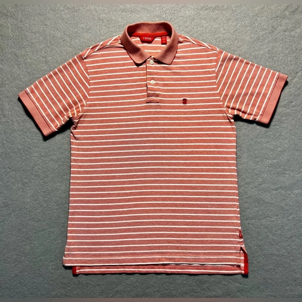 IZOD Polo Shirt Men’s Small Red White Striped Short Sleeve Cotton Casual